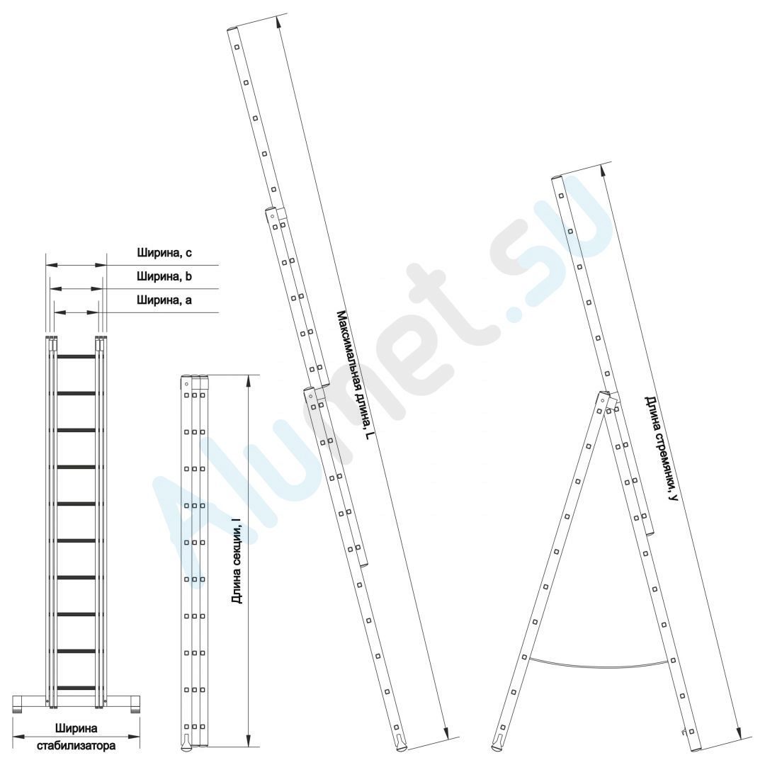 Лестница алюминиевая трехсекционная 3х8 5308 универсальная (Алюмет)_5308